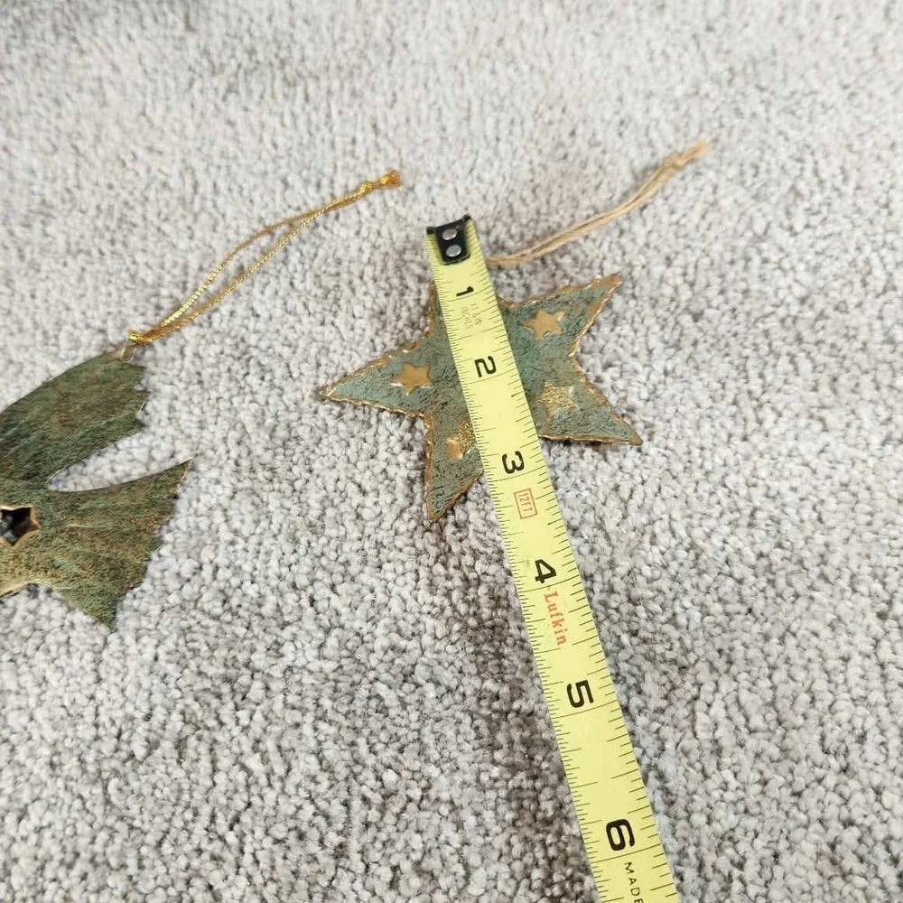 Metal Ornaments Green Gold Bird Star Rustic Verdigris Set of 2